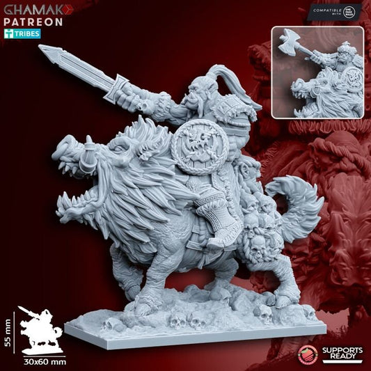 Orc Boss on Warboar  by Ghamak Miniatures