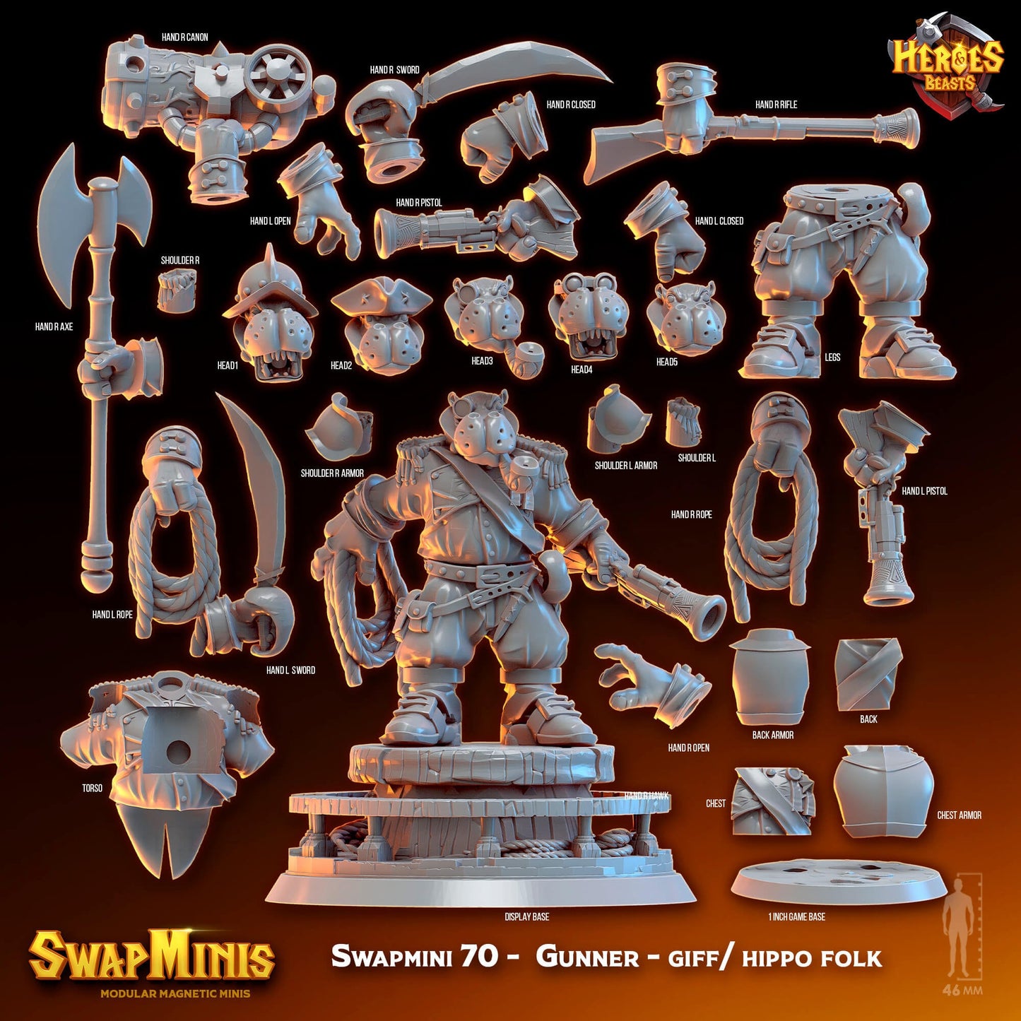 Gunner Stonehoof- giff/ hippo folk "Swapmini 70" For D&D Dungeons and Dragons • Tabletop Gaming • Wargaming miniatures